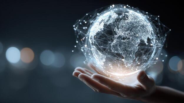 Global Connection Network Hand Holding Digital Earth with Data Connectivity for Business and Technology Solutions photo