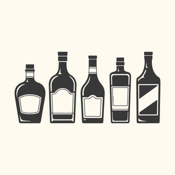 Art of collection of five stylized liquor bottles with blank labels, isolated on a light background vector