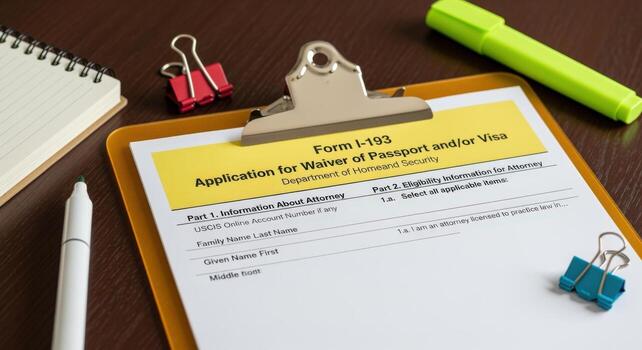Form I-193 Application for Waiver of Passport andor Visa on a Clipboard, Office Workplace Concept, Ready for Completion photo