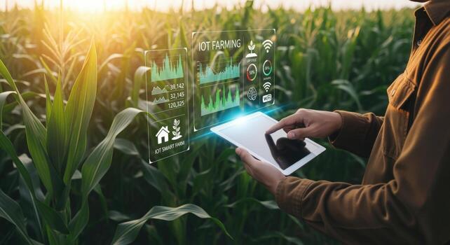 Precision Agriculture with Corn Field Farmer Using Tablet for Data Analysis and Crop Monitoring photo