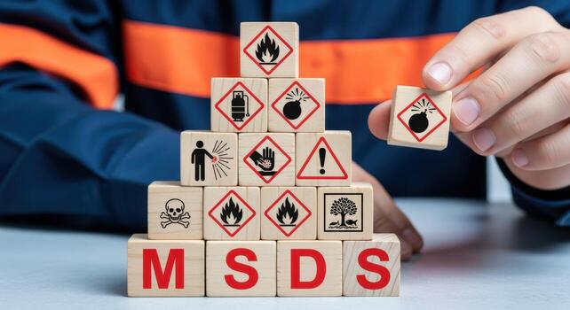 Material Safety Data Sheet Concept Stacked Wooden Blocks Displaying Hazard Symbols, Held by Worker, Demonstrating Safety Protocol photo