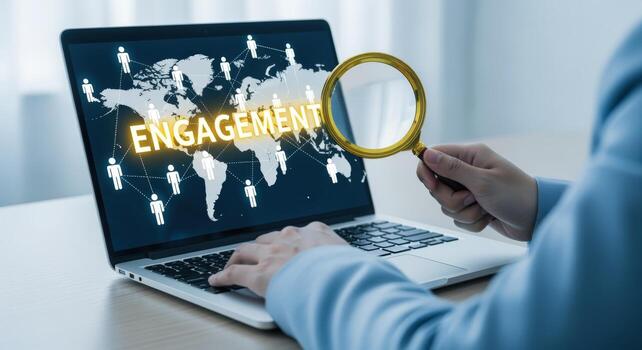 Global Engagement Analysis with Magnifying Glass on Laptop Displaying World Map and User Network photo