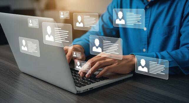 Man using laptop for recruitment process, job search, human resources management, and talent acquisition photo