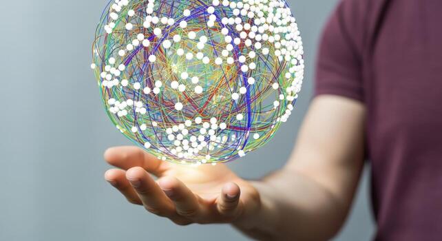 Global Network Concept Hand Holding Digital Sphere, Representing Technology, Connectivity, and Futuristic Communication photo