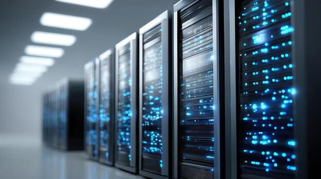servidor habitación datos centrar con filas de estante servidores y parpadeo luces para tecnología foto