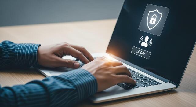 Cybersecurity Login Man Typing on Laptop with Security Shield Icon for Authentication and Data Protection photo