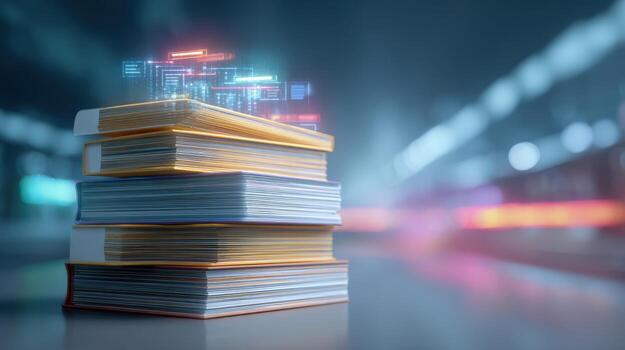 Stack of Digital Folders with Futuristic Data Overlay, Information Management and Document Organization Concept photo