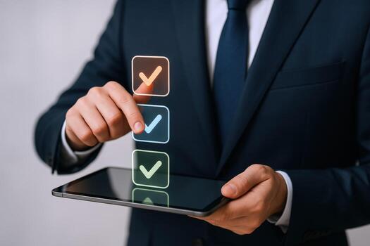 Businessman using digital tablet for checklist, project management, quality control and compliance, modern business concept photo