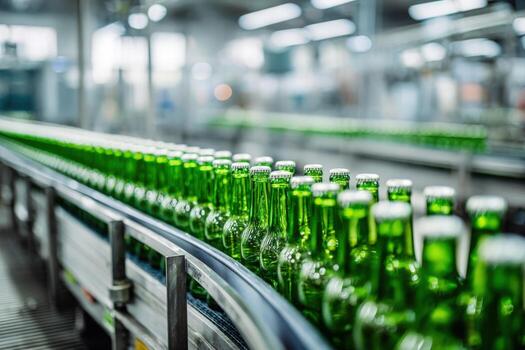 Bottling Line Green Glass Bottles Moving Along Conveyor Belt in a Factory Setting photo