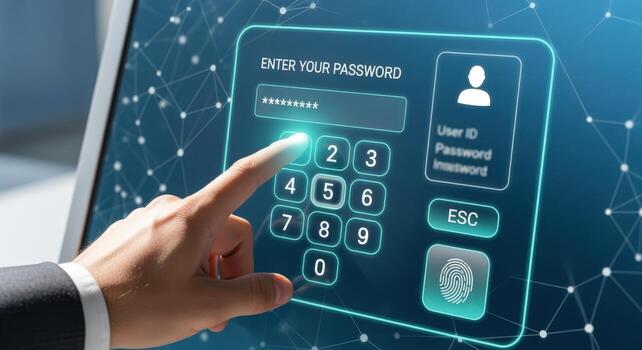 Entering Password on Digital Touchscreen Device, Biometric Security Login, Data Protection and Cybersecurity Concept photo