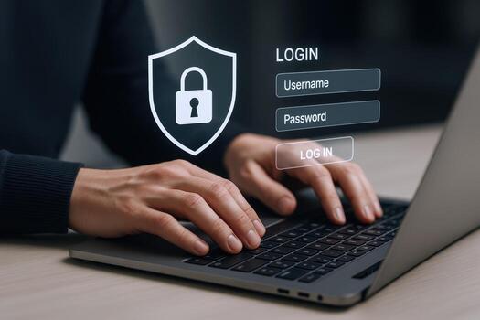 la seguridad cibernética iniciar sesión concepto persona mecanografía en ordenador portátil con seguridad proteger y candado icono foto