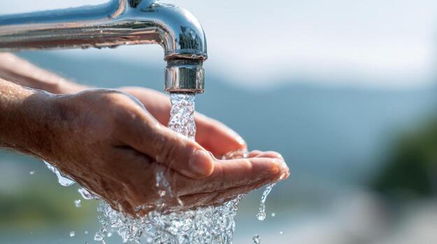 Hands Catching Fresh Water Flowing From a Tap Clean Hydration and Conservation Concept photo