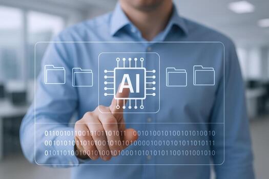 AI Interface Touch Businessman Interacting with Artificial Intelligence Technology for Data Management and Future Innovation photo