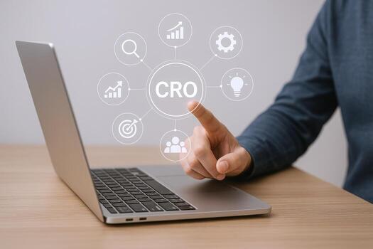 Conversion Rate Optimization Concept Hand Pointing at CRO Interface on Laptop for Business Growth photo