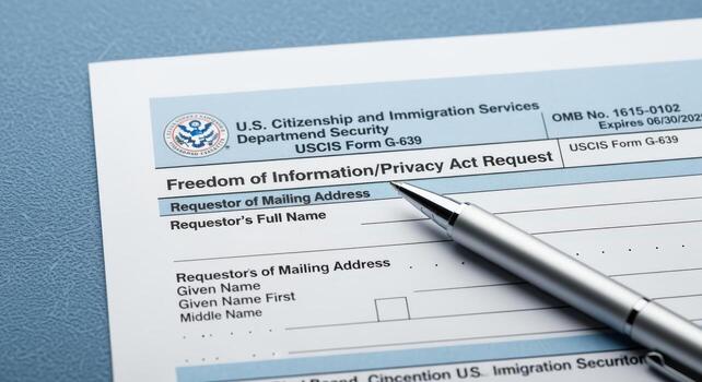 Freedom of Information Act Request Form with Pen on Blue Background, Government Document photo
