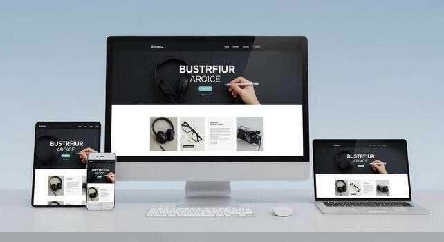 Responsive Website Design Mockup on Multiple Devices Computer, Laptop, Tablet, and Smartphone Displaying Modern Interface photo