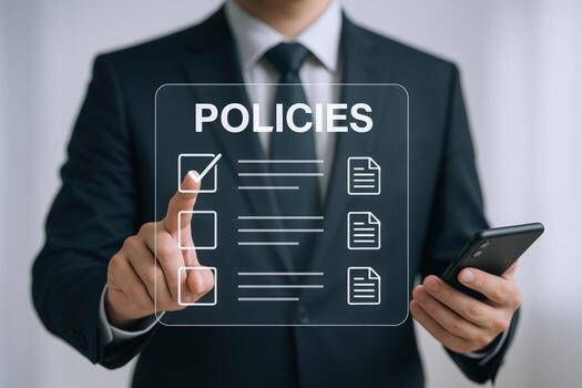 Businessman interacting with digital policies interface, compliance regulations, business standards, governance checklist on virtual screen photo