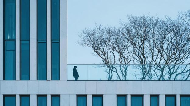 Silhouette of a Person Walking on a Modern Building Rooftop Terrace with Bare Trees in Winter photo
