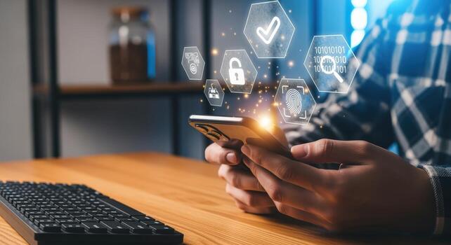 Digital Security Authentication Man Using Smartphone with Verification Icons for Secure Access and Data Protection photo