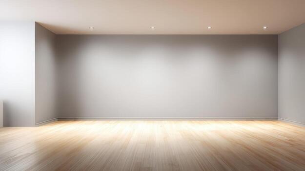 Empty Room with Wooden Floor and Gray Walls, illuminated by Recessed Lighting, Ideal for Interior Design Mockups photo