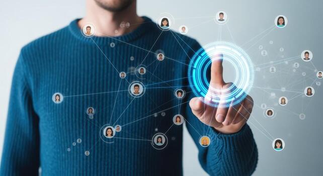 Man Touching Virtual Screen Displaying Global Network and Connections, Emphasizing Digital Communication and Social Media photo