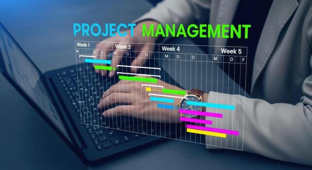 Project Management Digital Display on Laptop, Businesswoman Typing, Strategic Planning and Task Scheduling Concepts photo