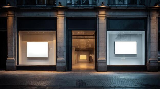 Storefront with Blank White Signage Mockups for Advertising, Promotion, and Retail Presentation in an Urban Setting photo