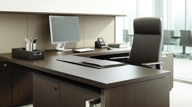 Elegant Executive Office Workspace with Modern Desk, Computer, Leather Chair, and Sophisticated Decor, Symbolizing Productivity photo