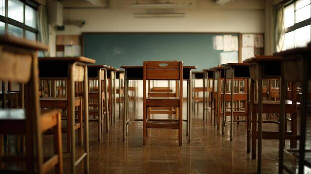 Empty Classroom with Rows of Wooden Desks and Blackboard, Symbolizing Education and Learning photo