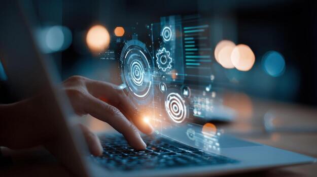 Digital Transformation Person Using Laptop with Emerging Technology Interface for Data Analysis and Strategic Planning photo