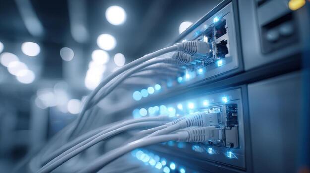 Network Switch with Ethernet Cables Connecting Devices for High-Speed Data Transfer in a Server Room photo