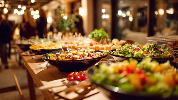 Elegant Buffet Table with Diverse Salads and Appetizers at an Upscale Event Venue photo