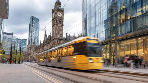 Modern Cityscape with Public Transport, Featuring a Yellow Tram and Historic Architecture in Urban Environment photo
