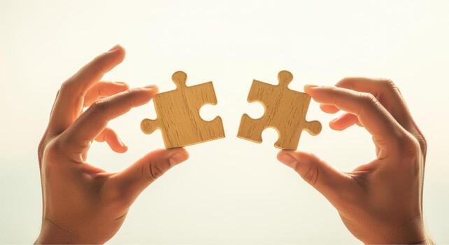 Connecting Ideas Hands Holding Two Wooden Puzzle Pieces for Collaboration and Problem Solving Concepts photo