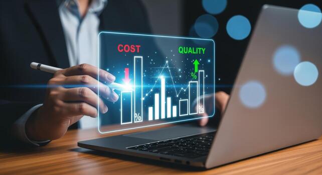 Business Person Analyzing Cost vs Quality Metrics on Holographic Display for Enhanced Decision-Making and Efficiency photo