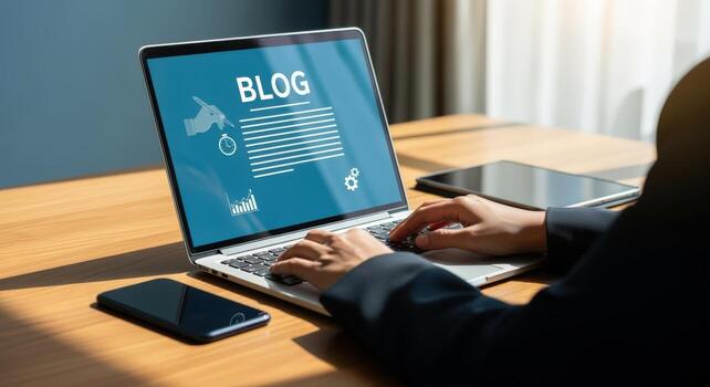 Hands Typing on Laptop with Blog Display Business Technology, Content Creation, and Online Communication photo