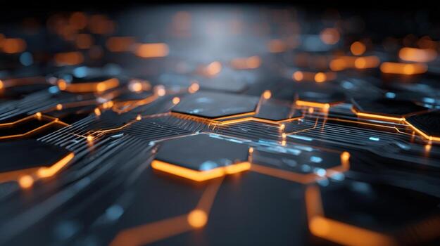 Futuristic Circuit Board with Glowing Components and Data Flow, High-Tech Background photo