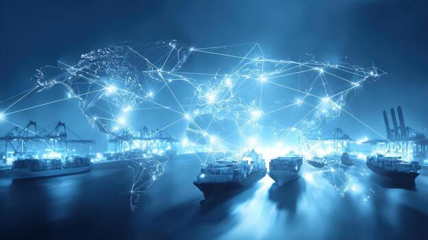 Global Logistics Network Cargo Ships at Port with Digital Connectivity Overlay for Supply Chain Management photo