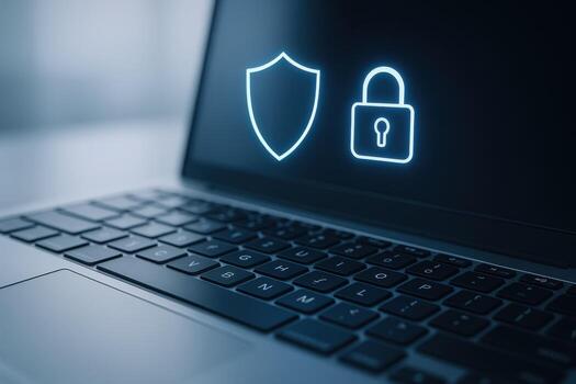 Cyber Security Concept Laptop Screen Displaying Shield and Padlock Icons Emphasizing Data Protection photo