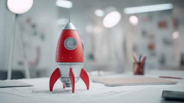 Red Toy Rocket on Office Desk Symbol of Launch, Innovation, and Project Startup photo