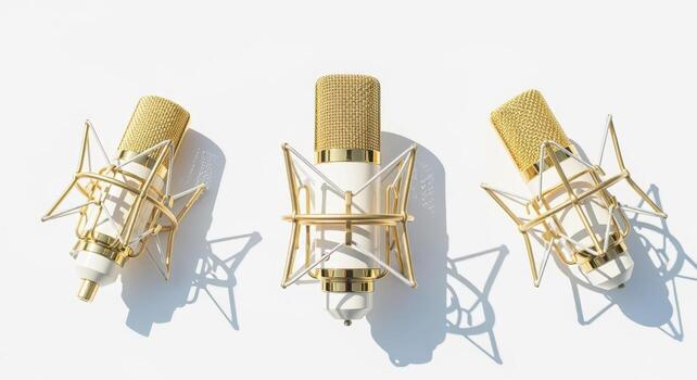Three vintage gold and white condenser microphones arranged symmetrically on a white surface, casting soft shadows photo