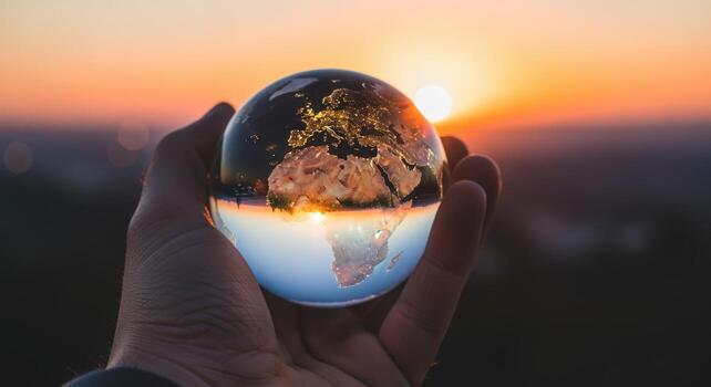 Concept of Global Unity Hand Holding Earth Globe at Sunset, Representing Global Connection and Hope photo