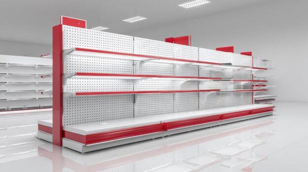 Empty Store Shelves with Red Accents in a Modern Retail Environment, Ready for Merchandise Display photo