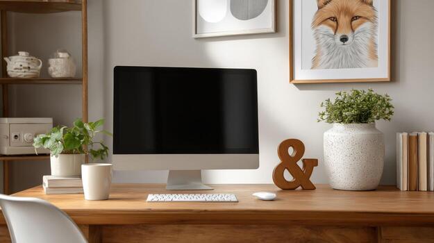Modern Home Office Setup with Computer and Natural Decor Elements on Wooden Desk photo
