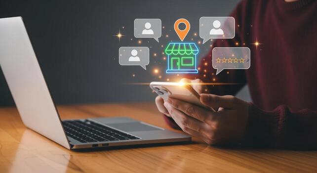 Person using mobile device and laptop, illuminated store icon, customer avatars, and location pin hovering above photo