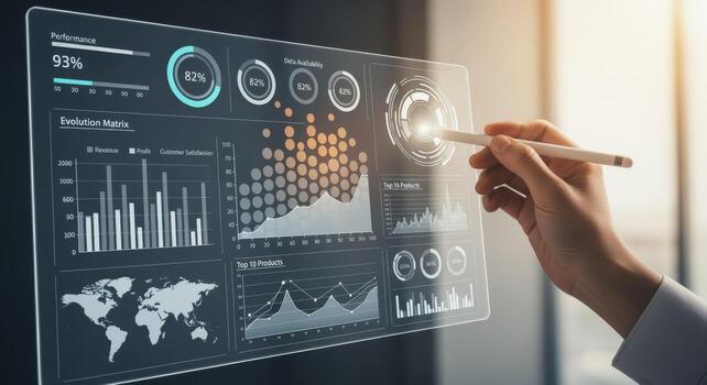 Interactive Data Visualization on Transparent Screen Hand Pointing at Business Analytics Dashboard with Graphs photo