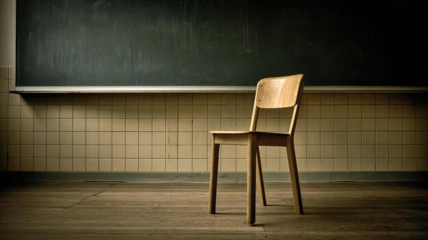 Classroom Interior Empty Chair Against Blackboard, Ideal for Educational or Conceptual Projects, Showcasing Learning Space photo