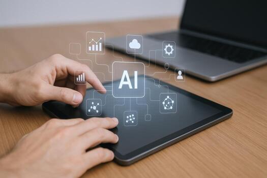 AI interface on a tablet, connecting digital technologies to improve efficiency and drive innovation photo