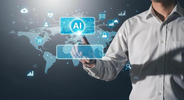 hombre interactuando con ai interfaz global red conexión y tecnología concepto, ilustrando moderno digital transformación foto