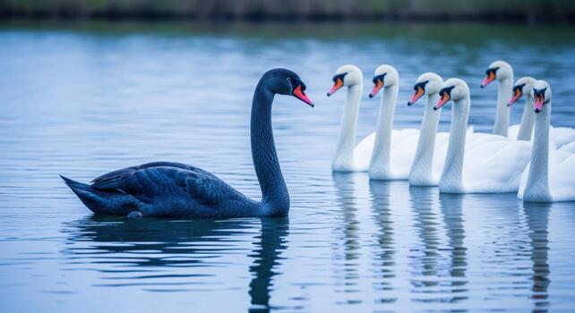 Black Swan with Line of White Swans Swimming on Lake, Concept of Uniqueness photo